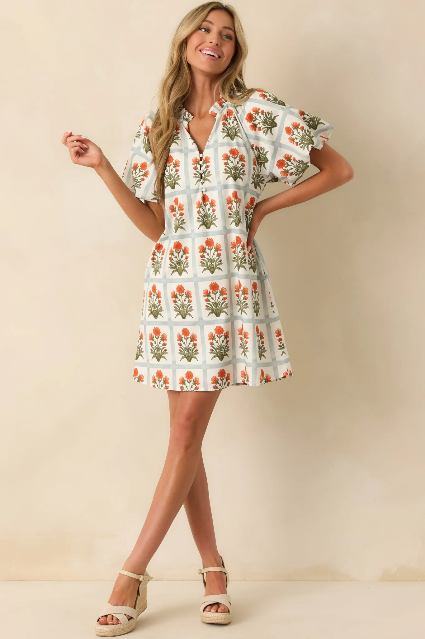 Staying Hopeful Orange Geometric Floral Print Cotton Mini Dress | Red Dress