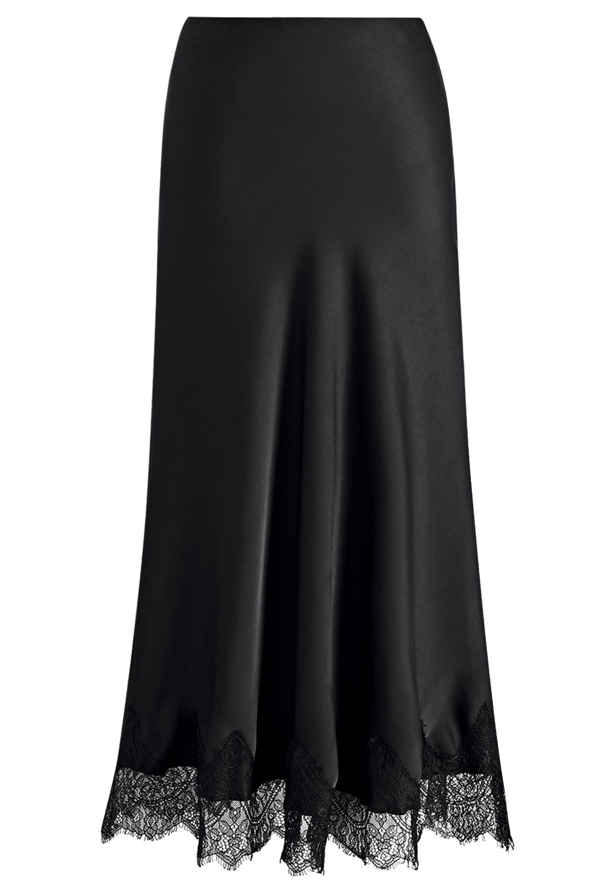 Silky Scalloped Lace Trim Satin Maxi Skirt in Black for Office Styling & Weekend Outings | Chicwish