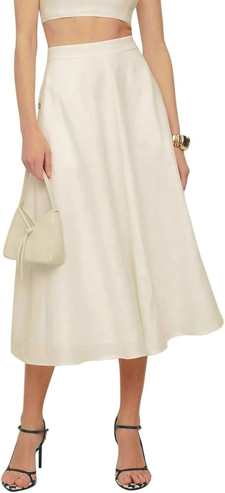 IDEALSANXUN Womens Cotton Linen Skirts Spring Summer A Line Pleated Maxi Midi Skirt with Pockets | Amazon (US)