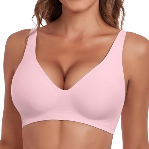 JoliComfy Wireless Bra Push Up Full Coverage T Shirt Bras Seamless Supportive Bralettes Comfort Soft Plunge Bra Wirefree Shapely(P,M) Pink | Amazon (US)