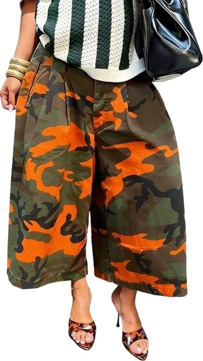 NRTHYE Womens Camo Cargo Jeans Army Fatigue Baggy Wide Leg High Waist Capris Camouflage Trousers ... | Amazon (US)
