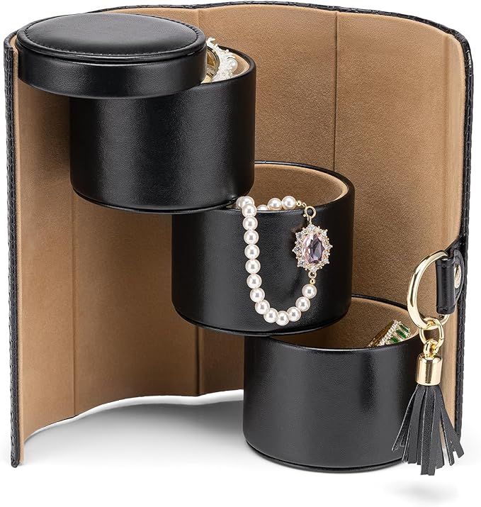 Vlando Travel Jewelry Roll Box Organizer, Leather 3-Section Jewelry Storage Sorter Holder for Nec... | Amazon (US)