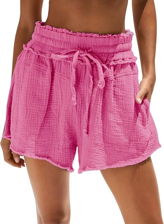 Aoudery Cotton Gauze Shorts for Women Drawstring Pocketed Frayed Shorts Summer Elastic Waist Casu... | Amazon (US)