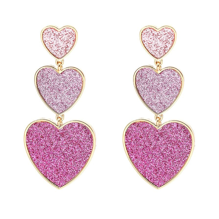 Pink Heart Earrings for Women Teen Girls Fashion Long Vintage Gold Plated Glitter Three Love Hear... | Amazon (US)