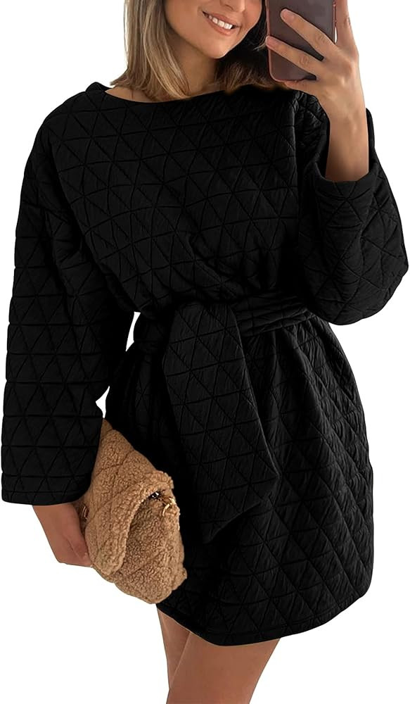PRETTYGARDEN Women's Long Sleeve Dresses 2024 Fall Casual Short Belted Dress Trendy Quilted Outfi... | Amazon (US)