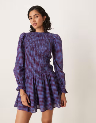 Glamorous long sleeve poplin mini dress in navy burgundy plaid | ASOS | ASOS (Global)