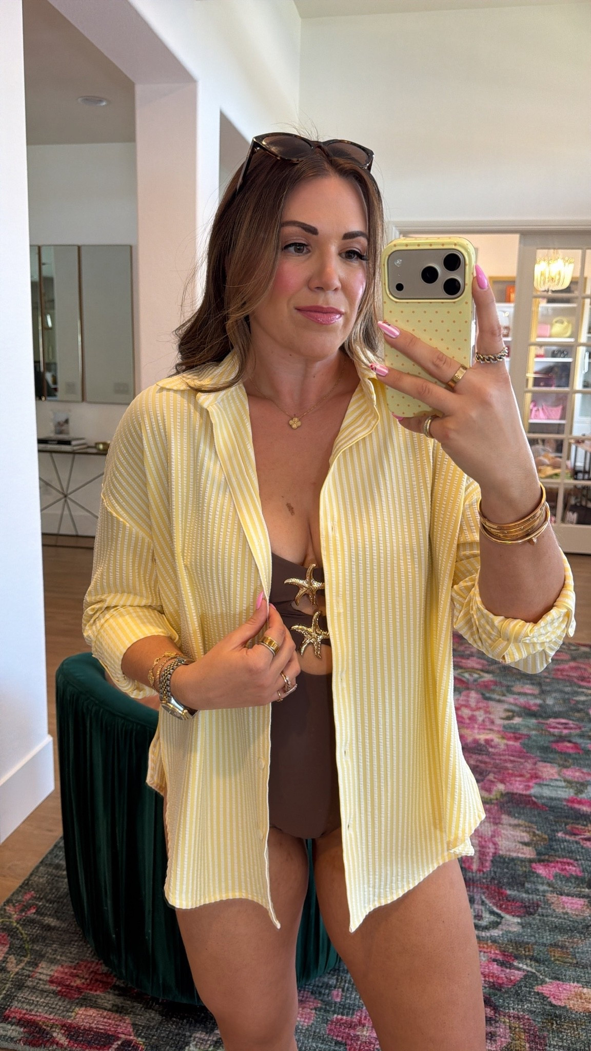 curvy midsize swim look! wearing size medium in brown one piece with gold starfish embellishments and size medium in butter yellow striped seersuckers coverup shirt

#LTKSeasonal #LTKMidsize #LTKSwim