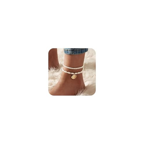 Boho Pearl Anklets for Women - 2Pcs Pearl Anklet Beaded Layered Ankles Bracelets Shell Pendant Elastic Foot Chain Shell Anklets for Women Fashion Jewelry | Amazon (US)