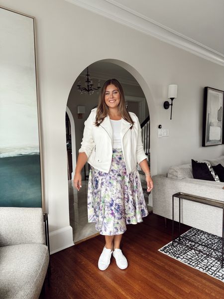 Easter brunch outfit 🐣💫 wearing size XL in skirt and Moto jacket. Pair with your favorite white sneakers, sandals, or flats. Maternity and postpartum outfit. #WalmartPartner #walmartfashion @walmartfashion 

#LTKstyletip #LTKparties #LTKmidsize