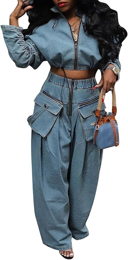 KANSOON Women Denim Set Jean 2 Piece Outfit Cargo Zip Long Sleeve Crop Jacket Wide Leg Pant Draws... | Amazon (US)
