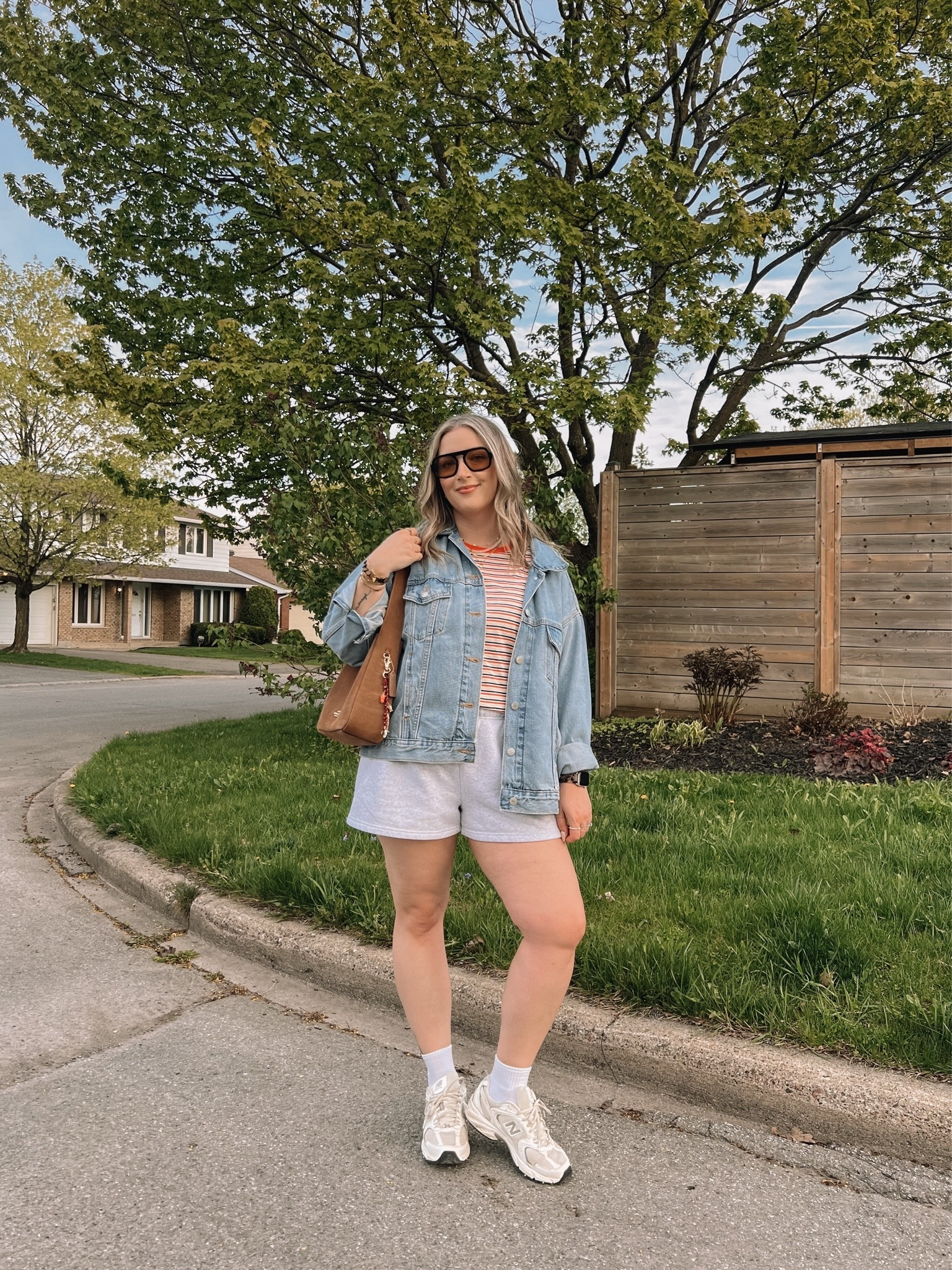 OOTD for a walk! Wearing my usual L in the sweatshorts. Sized up to XL in the striped tee cause I have a larger chest. Also sized up to XL in the denim jacket for an oversized fit. New Balance sneakers are super comfy but run big, I’m a 9.5-10 and wear a 9.

#LTKsummer #LTKmidsize #LTKsale