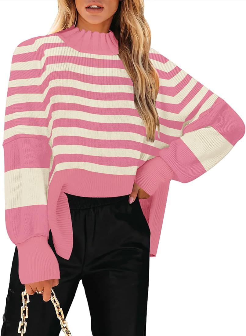 Women's Mock Turtle Neck Long Sleeve Striped Oversized Side Slit Soft Knit Pullover Sweater Tops | Amazon (US)