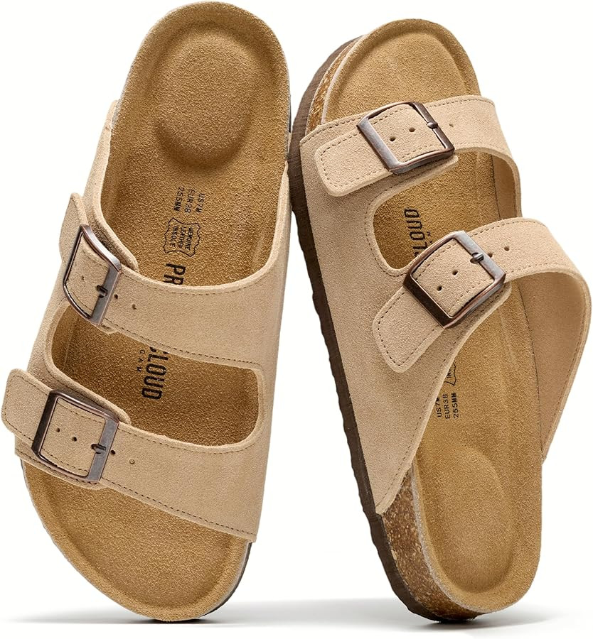 Amazon.com | Project Cloud 100% Genuine Leather Flat Sandals For Women 2026 Cork Footbed Womens S... | Amazon (US)