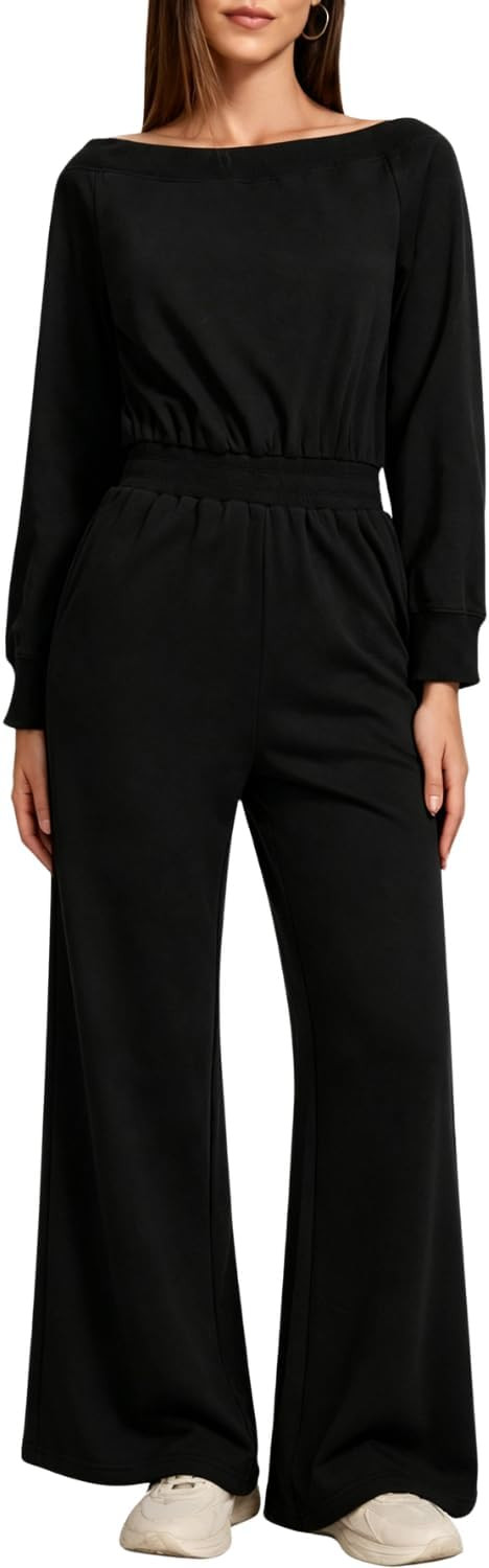 QINSEN Womens Boat Neck Long Sleeve Wide Leg Jumpsuit with Cinched Waist | Amazon (US)