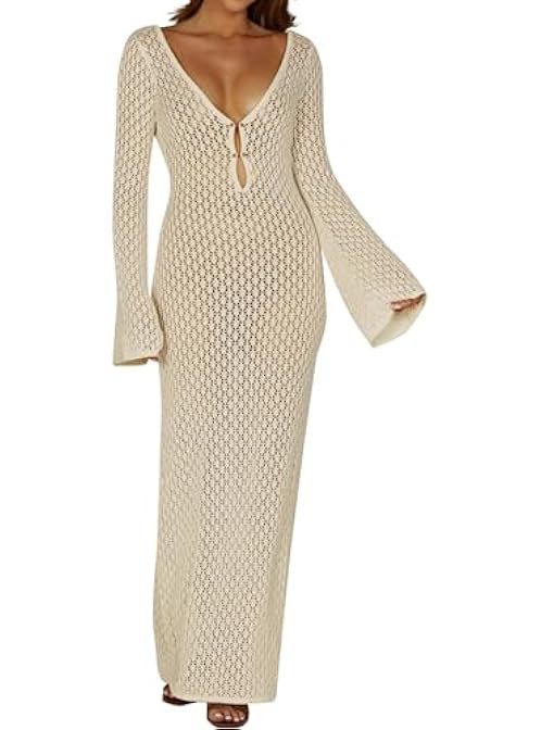 Leoparts Crochet Swimsuit Cover Up for Women Sexy V Neck Hollow Out Backless Maxi Dress Beach Bik... | Amazon (US)