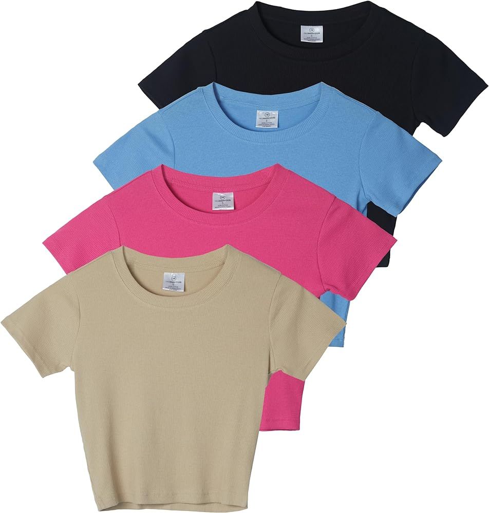 Real Essentials 4-Pack: Women's Short Sleeve Ribbed Knit Cotton Crew Neck Crop Top T-Shirt - (Ava... | Amazon (US)