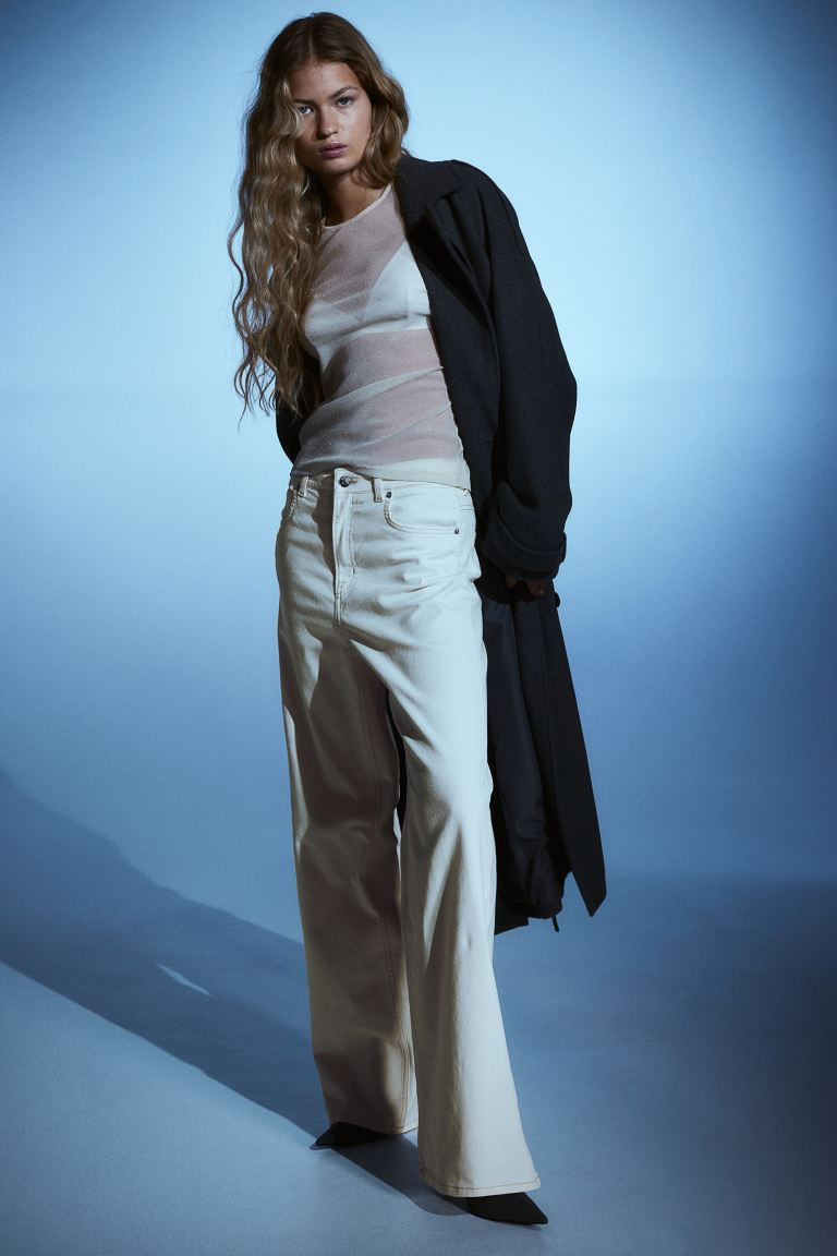 Wide-leg Twill Pants - Cream - Ladies | H&M US | H&M (US + CA)