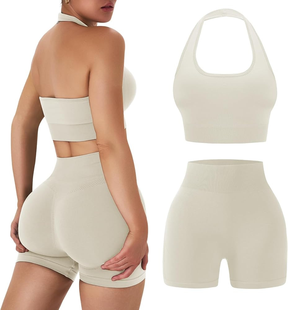 OLCHEE Workout Sets for Women 2 Piece Backless Halter Sports Bra High Waist Booty Shorts Yoga Gym... | Amazon (US)