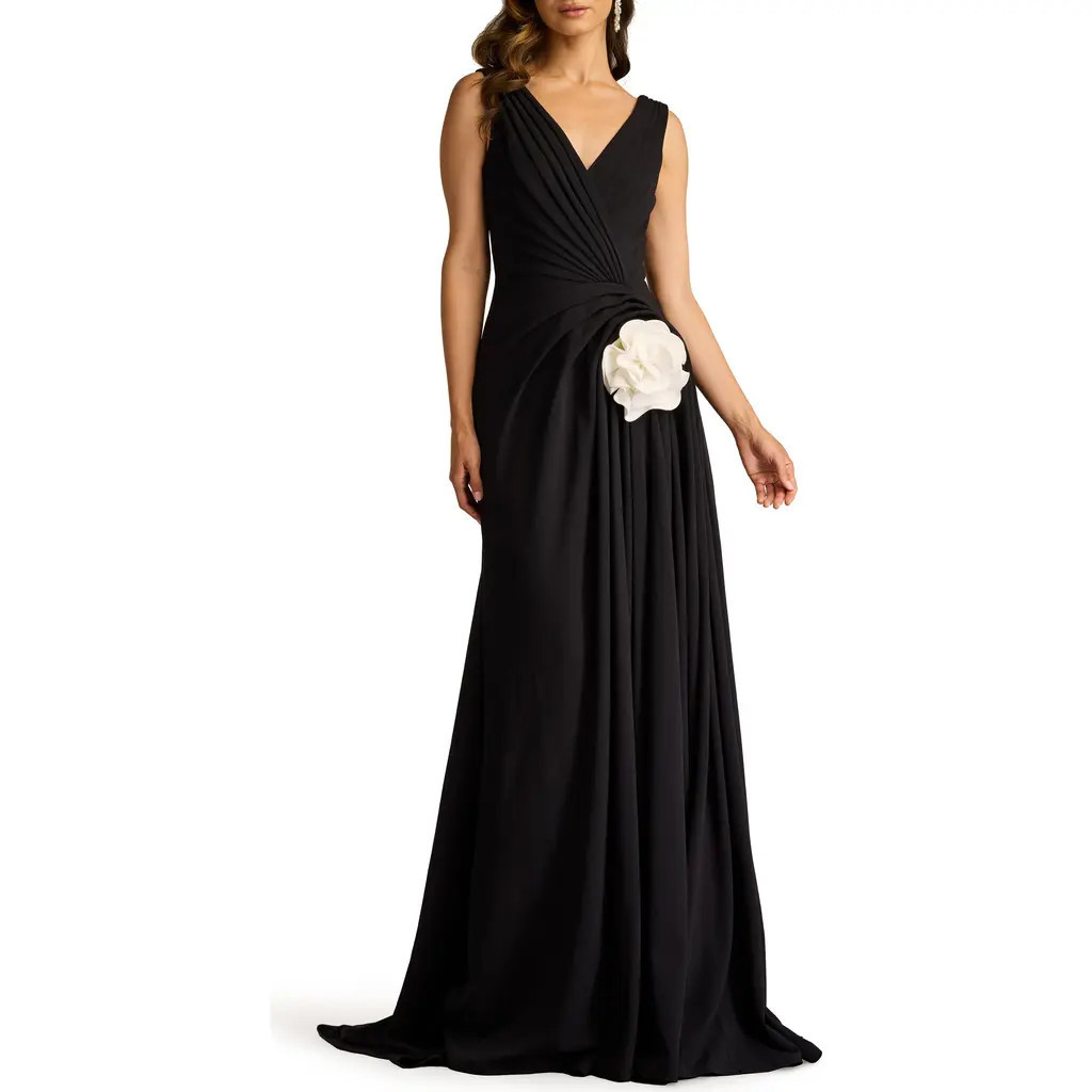 Tadashi Shoji Rosette Detail Sleeveless A-Line Gown in Black/Ivory at Nordstrom, Size Small | Nordstrom