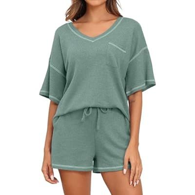 PrinStory Women's Waffle Knit Pajamas Set Short Sleeve Top and Shorts Ma… | Amazon (US)