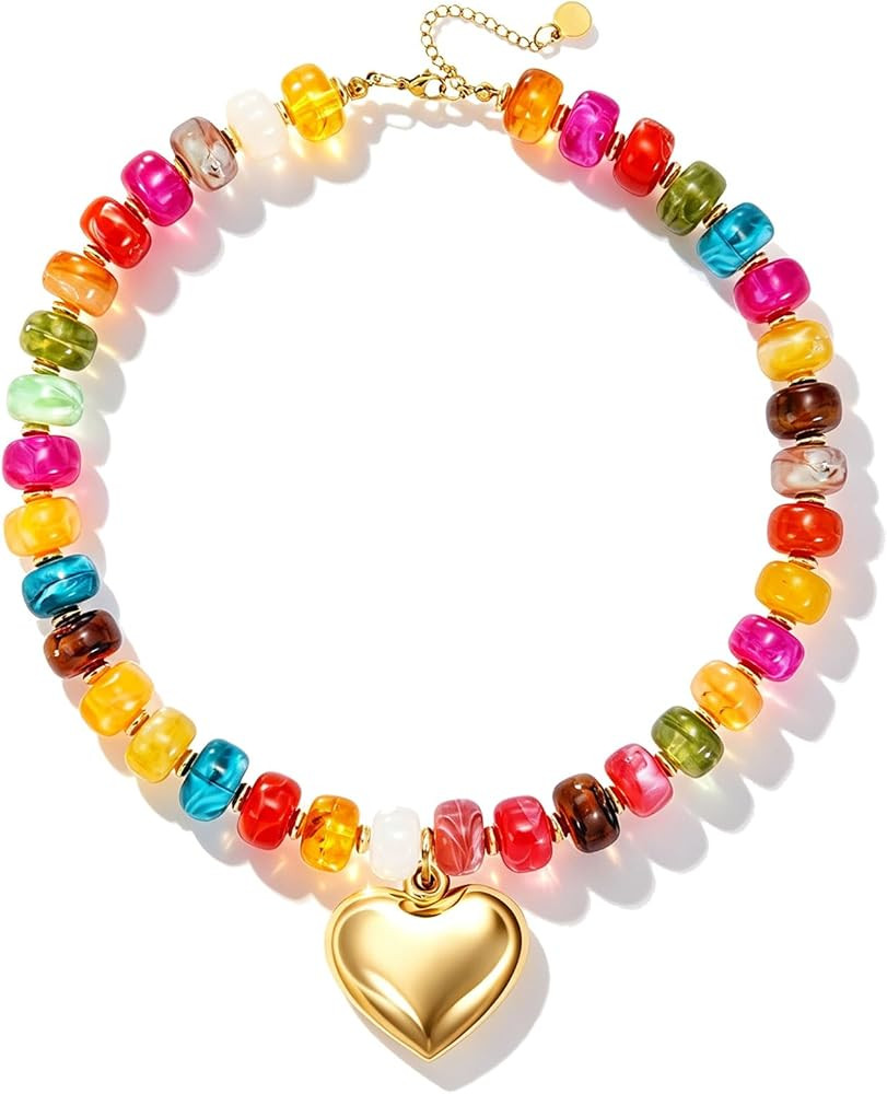 Chunky Colorful Beaded Necklaces for Women Big Bead Boho Choker Necklace Trendy Heart Statement N... | Amazon (US)