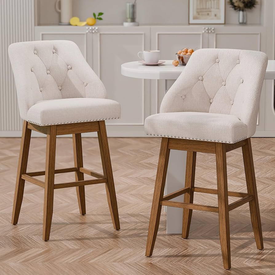 Modern Swivel Bar Stools with Tufted Back, 30" Bar Height Upholstered Barstool, Solid Wood Legs, ... | Amazon (US)
