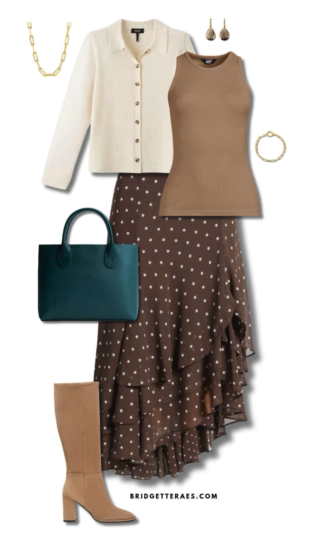 The tailored cream cardigan softens the look while still offering structure, layered over a mocha knit tank that brings a warm, grounded tone. The standout piece is the chocolate brown polka-dot ruffle skirt, which adds movement, texture, and personality while maintaining a polished silhouette. Tall suede boots in a neutral camel hue keep the ensemble seasonally appropriate and empower each step with poise. The teal structured tote adds a fresh pop of color that’s unexpected yet elevated, showing that leadership doesn’t have to be predictable. Finished with minimal gold jewelry, this look strikes the perfect balance between approachable and authoritative—ideal for leading meetings, commanding a room, or inspiring a team with grace and style.

#LTKWorkwear #LTKShoeCrush #LTKStyleTip