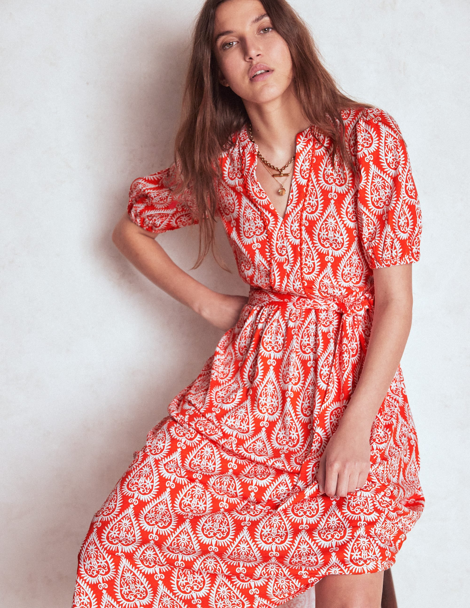 Sofia Trim Jersey Midi Dress-Firecracker Red, Ornate Geo | Boden (US)