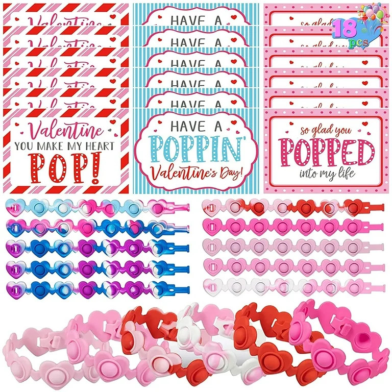 Valentines Day Cards Gifts for Kids - 18 Pcs Pop On It Hearts Fidget Bracelet Watch Popper Pop Fi... | Walmart (US)