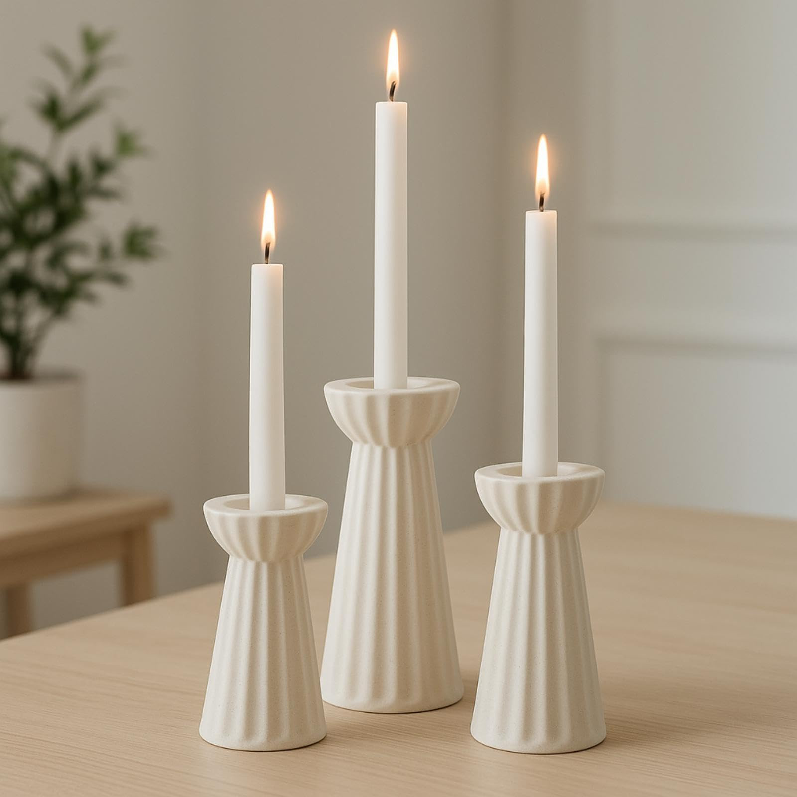Honeydak Set of 3 Ceramic Taper Candle Holder Cream White Candlestick Holder Fluted Candle Stick ... | Amazon (US)