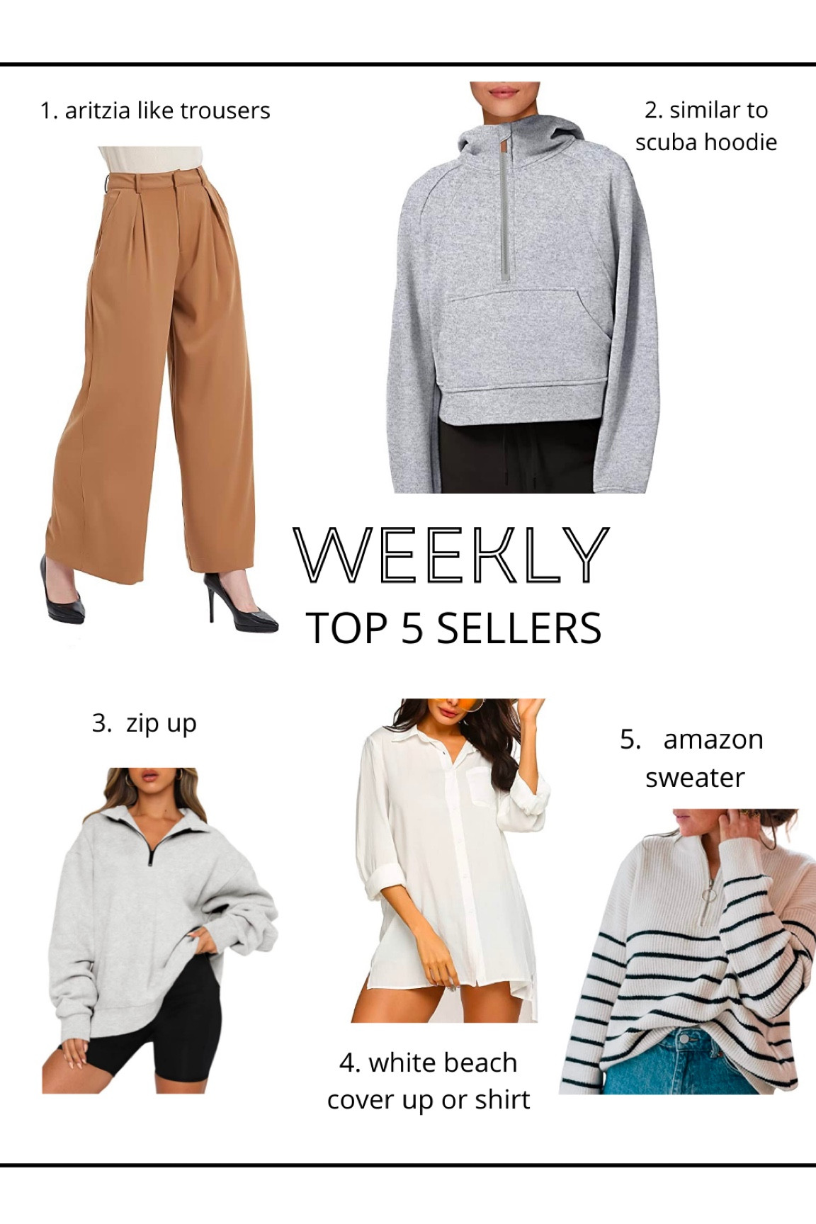 Amazon weekly top 5 sellers 
1. Aritzia pants on amazon 
2. Lululemon scuba hoodie on amazon 
3. Aritzia zip up on amazon 
4. White buttton down shirt 
4. Mango striped sweater on amazon 

#LTKstyletip #LTKunder50 #LTKSeasonal