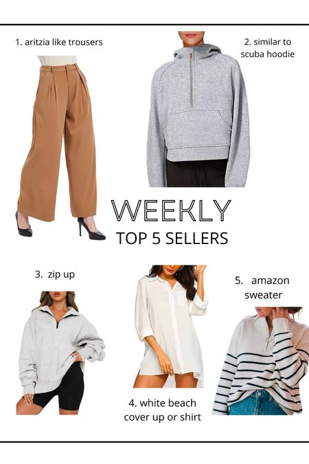 Amazon weekly top 5 sellers 
1. Aritzia pants on amazon 
2. Lululemon scuba hoodie on amazon 
3. Aritzia zip up on amazon 
4. White buttton down shirt 
4. Mango striped sweater on amazon 

#LTKstyletip #LTKunder50 #LTKSeasonal