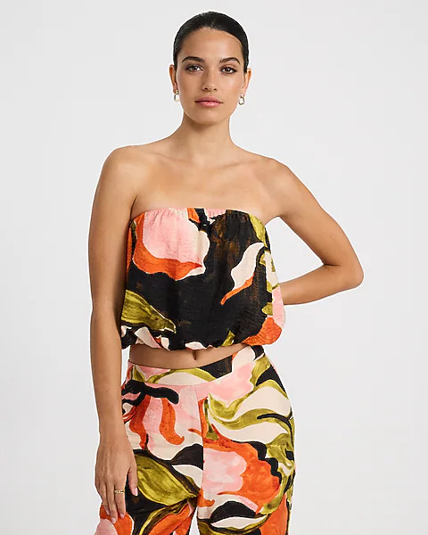 Floral Printed Strapless Bubble Cropped Top | Express