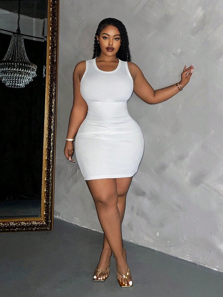 SHEIN Slayr Elegant And Casual Solid Sleeveless Bodycon Plus Size Tank Mini Dress For Women | SHEIN