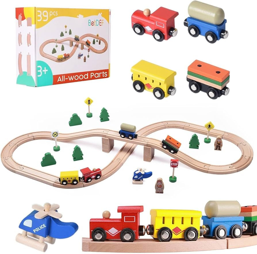BetDEF Wooden Train Set,39 Pcs-with All-Wood Train Tracks with Double Sided Wooden Tracks and Col... | Amazon (US)