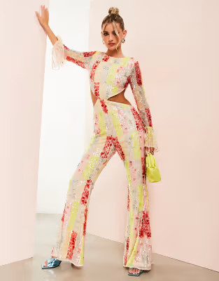 ASOS LUXE rainbow embellished cut out jumpsuit in multi | ASOS (Global)