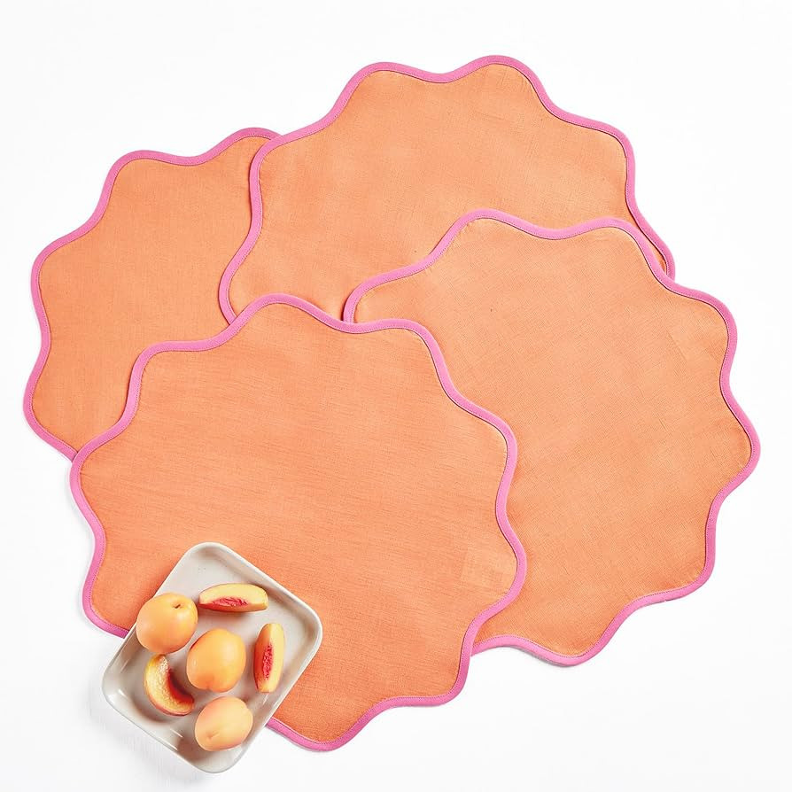 Solino Home Scallop Linen Placemats Set of 4-100% Pure Linen Flamingo Pink and Coral Round Cloth ... | Amazon (US)