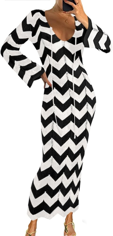 Saodimallsu Womens Striped Bodycon Beach Dress V Neck Tie Front Bell Sleeve Crochet Cover Up Vaca... | Amazon (US)