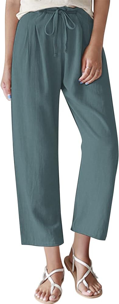 UNibelle Women Cotton Linen Pants Casual Drawstring Elastic Waist Beach Trousers | Amazon (US)