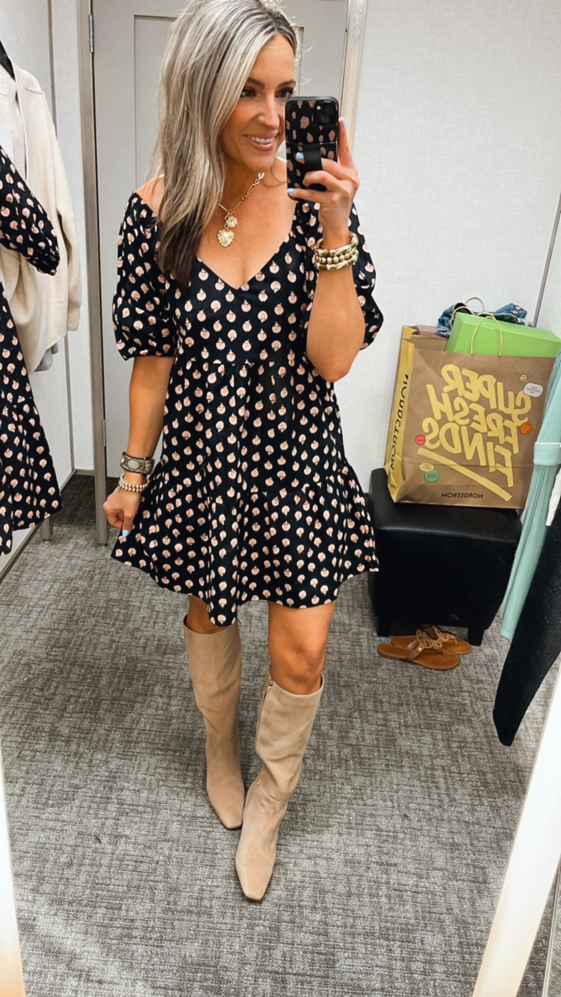 I was so excited to try this dress & it did not disappoint! It’s such an adorable print & fit. I’m 5’5” wearing small. 
Boots are such a comfortable fit and heel height. Size down 1/2, runs large  

#LTKSummerSales #LTKSaleAlert #LTKxNSale