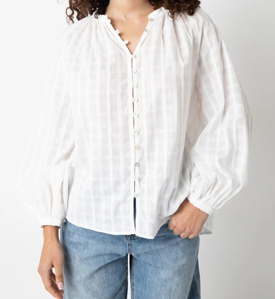 Long Sleeve Button Front Check Shirt in White | Minette