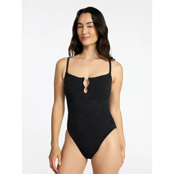 Time and Tru Women's and Women's Plus Size Eyelet Embroidered V Wire One Piece Swimsuit, Sizes XS... | Walmart (US)