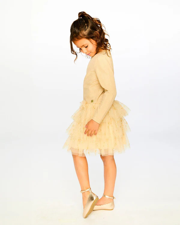 Glittering Mesh Skirt Party Dress Beige - Deux par Deux | Deux par Deux Childrens Designer Clothing
