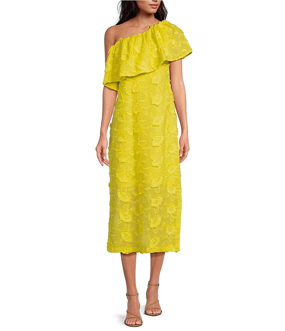 Abbey Glass Sutton Lace 3D Floral Ruffle One Shoulder Midi Dress | Dillard's | Dillard's