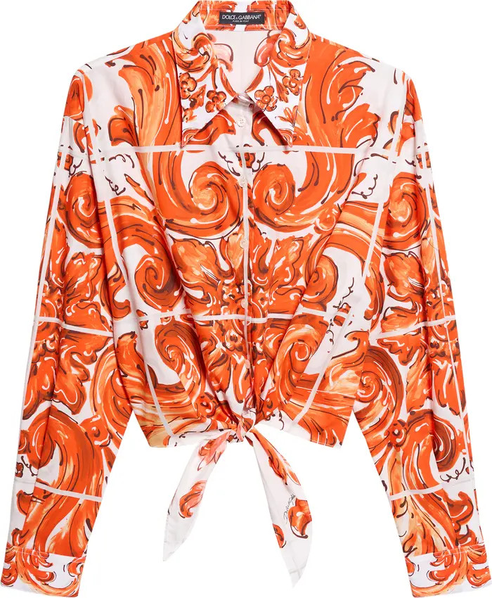 Majolica Print Tie Front Cotton Poplin Button-Up Shirt | Nordstrom
