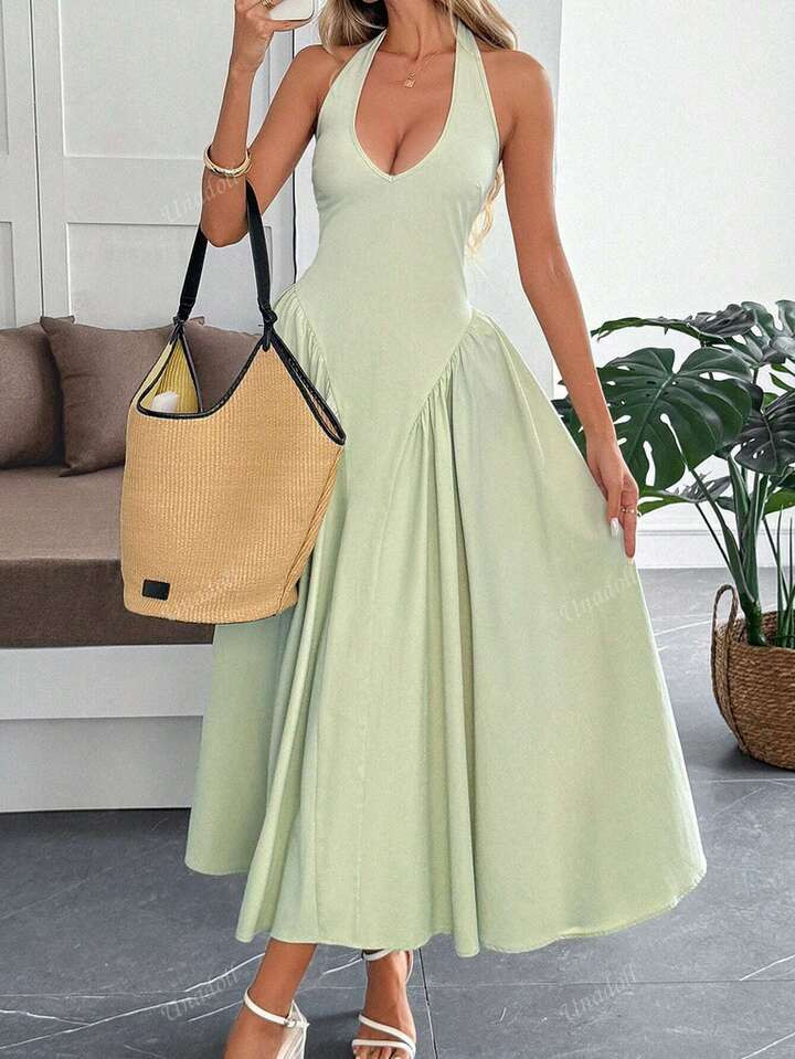 Unadoll Women's Low Cut, Neck Hanging, Backless, Waist Cinching, Elegant And Sexy Dress, Suitable For Beach Vacations, Dates, Music Festivals, Back To School Dresses | SHEIN