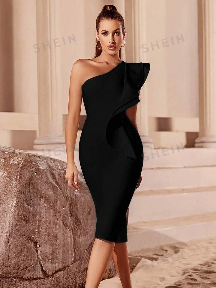 ADYCE One Shoulder Exaggerated Ruffle Bodycon Bandage Cocktail Party Dress | SHEIN