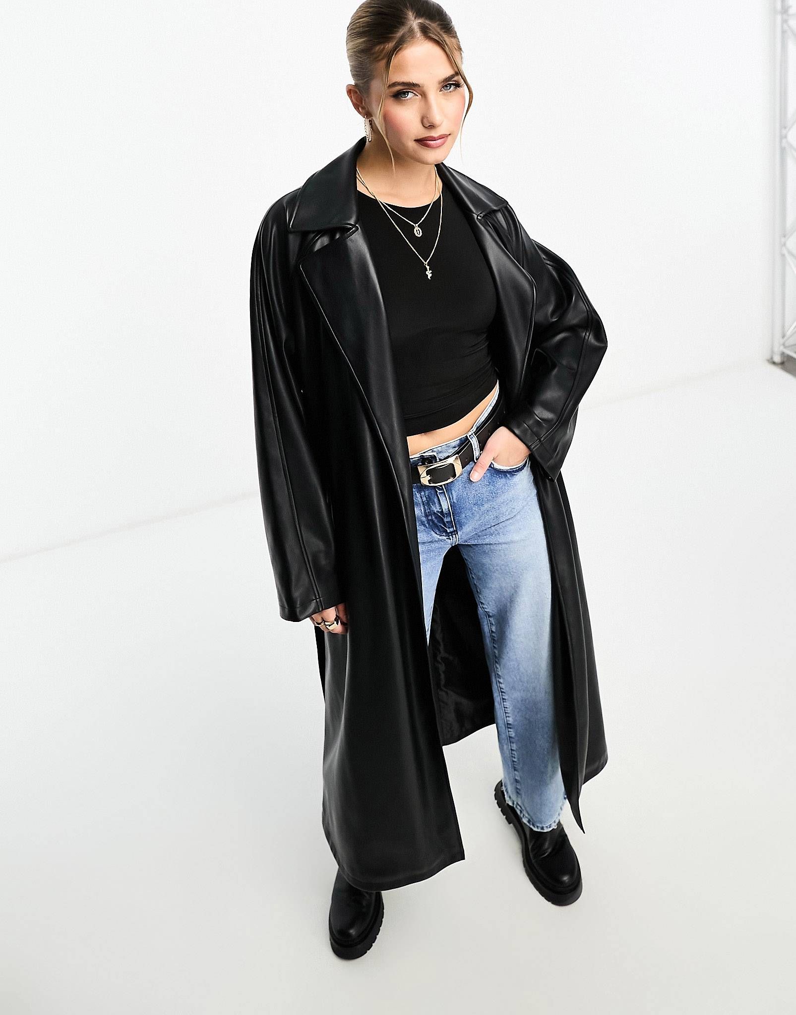 Miss Selfridge faux leather trench coat in black | ASOS (Global)
