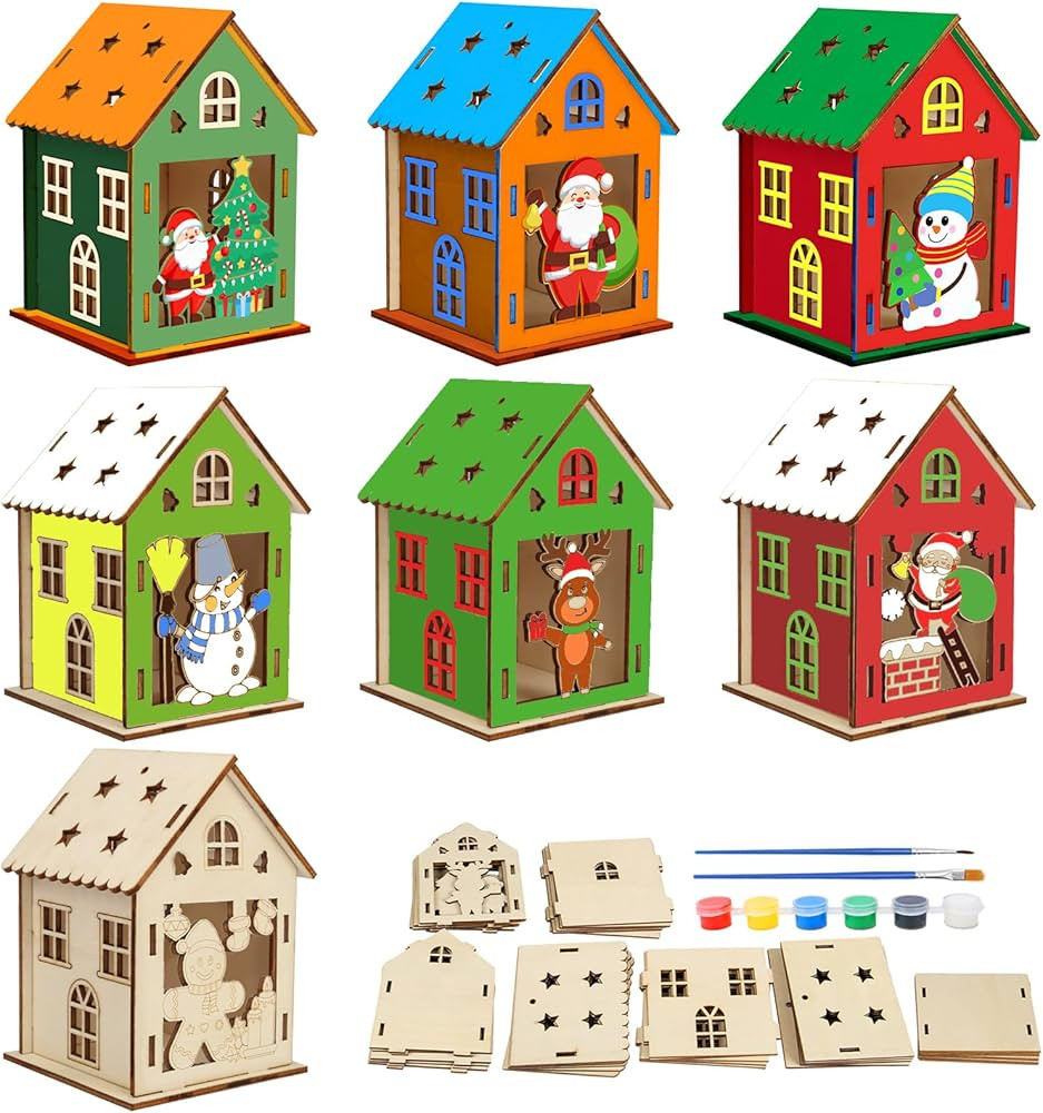 Fennoral 7 Pack Wooden Christmas House Craft Kit - DIY Paint & Build 3D Christmas House Kit for K... | Amazon (US)