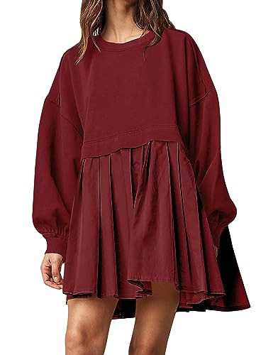 Ugerlov Womens Oversized Sweatshirt Dress Long Sleeve Crewneck Pullover Tops Relaxed Fit Sweatshirts Short Mini Dresses, Wine Red L | Amazon (US)